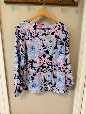 Lilly Pulitzer Floral Print Top in Navy, Pink & Light Blue with Tie Sleeves